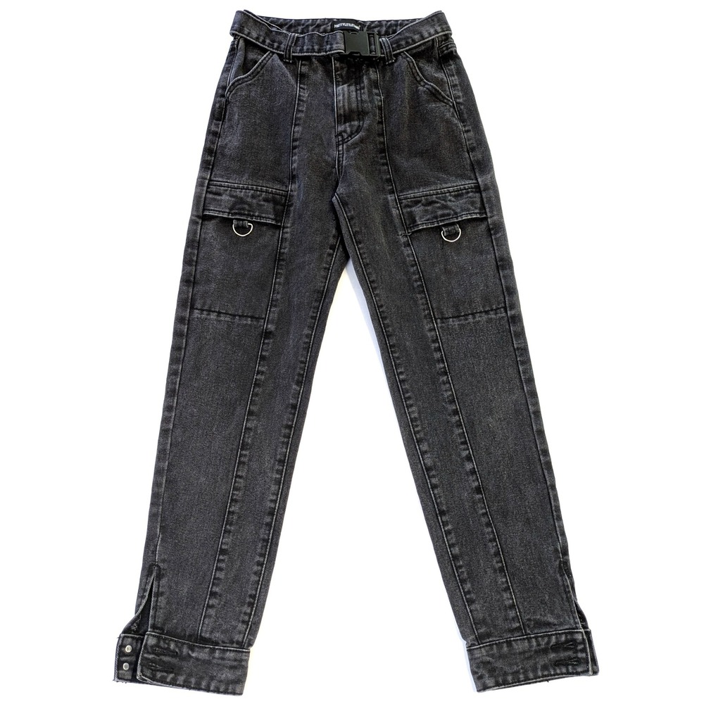 PrettyLittleThing Washed Black Cargo Jeans Buckle Belt D-Ring Split Hem Size 4